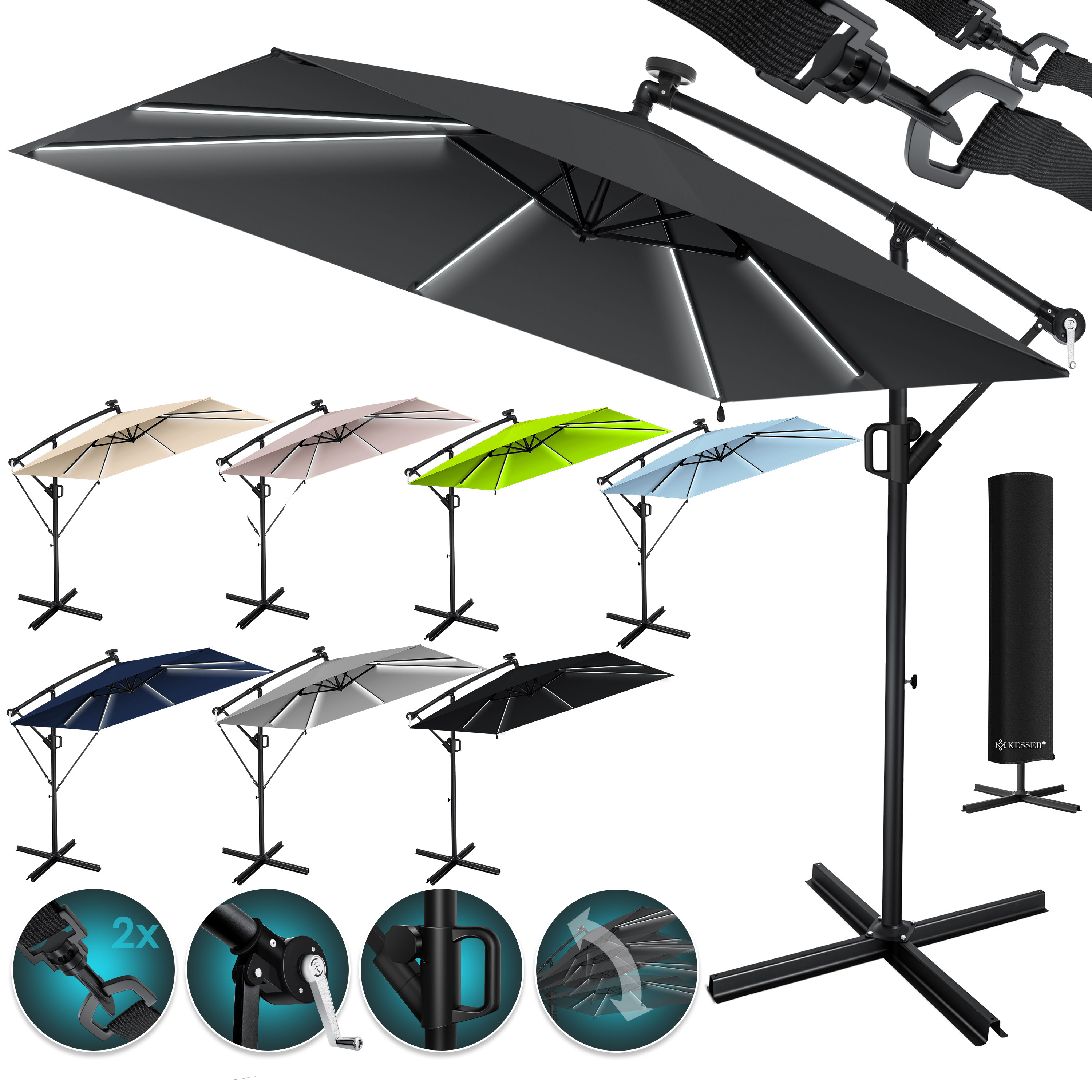 KESSER® Ampelschirm Holly Sonnenschirm Rechteckig mit und ohne LED