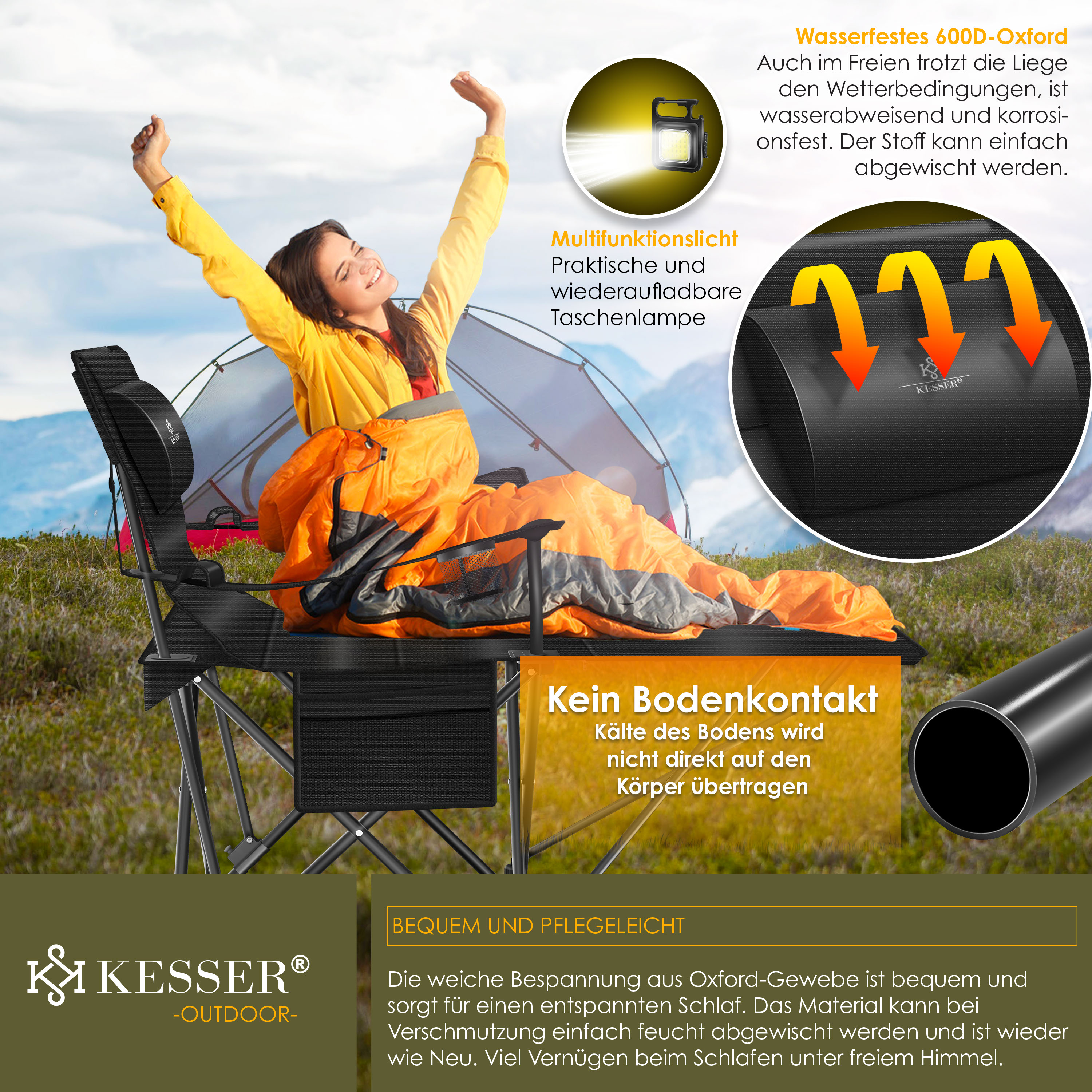 Lettino Da Campeggio KESSER Pieghevole - Portata 150kg, Tessuto Oxford 600D, Con Borsa